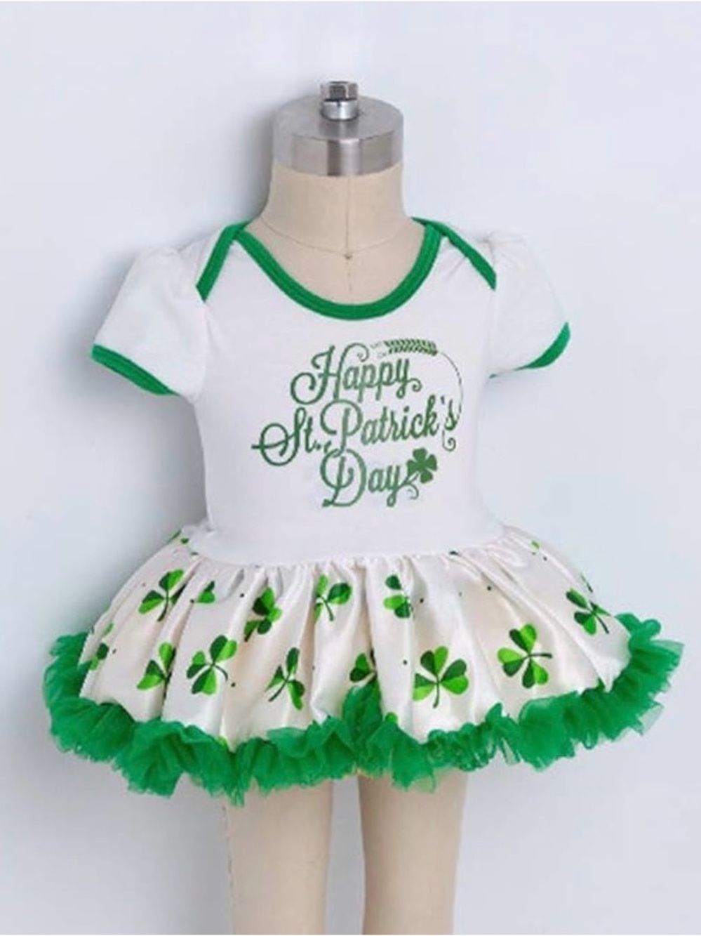 St. Patrick's Day Green & White Baby Dress Romper with Shamrock Skirt and shoes